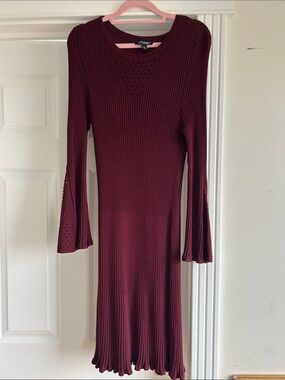 Roz & Ali Wine Ribbed Long-Sleeve Midi Dress with Bell Cuffs